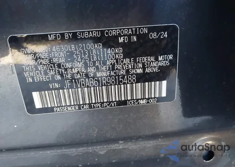 2024 Subaru Wrx z USA, uszkodzony, nr VIN JF1VBAB61R9815488